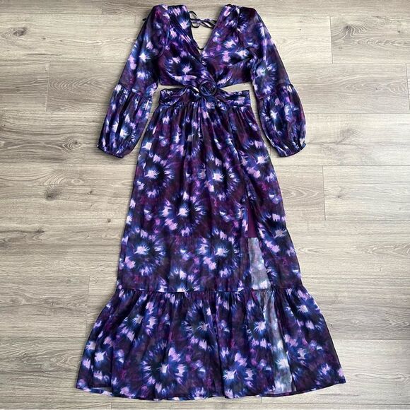 ShopBop RAHI Leila Cut Out Midi Dress Front Slit Chiffon Purple Tie Dye Small - Picture 2 of 12